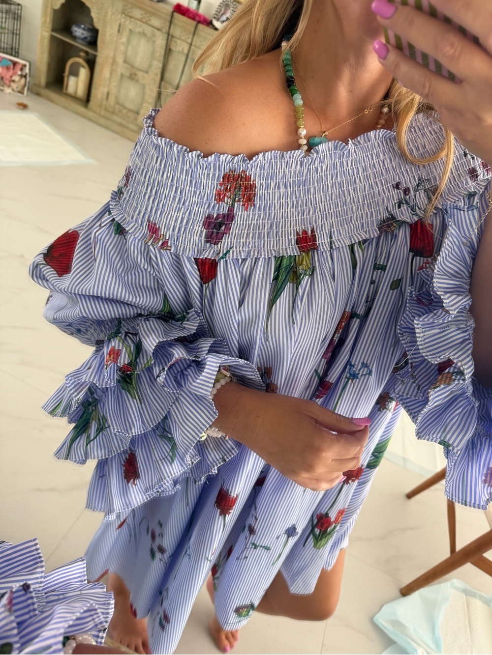 Gracia Blue-White Striped Floral Midi Skirt